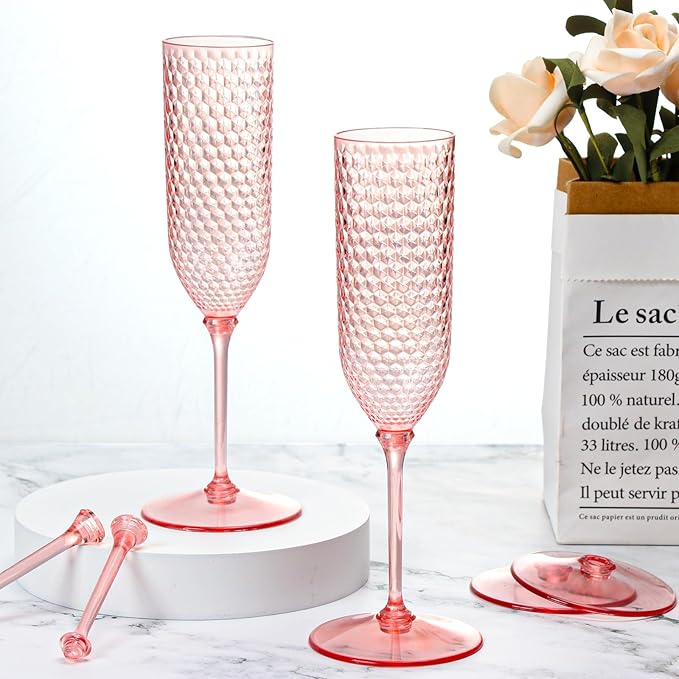 XUWAIDSGN 48 Pack Pink Detachable 2 piece Champagne Flutes 5.5 Oz Unbreakable Plastic Mimosa Disposable Champagne Glasses Drinking Cups Stemmed Reusable Wine Toasting Glasses for Wedding