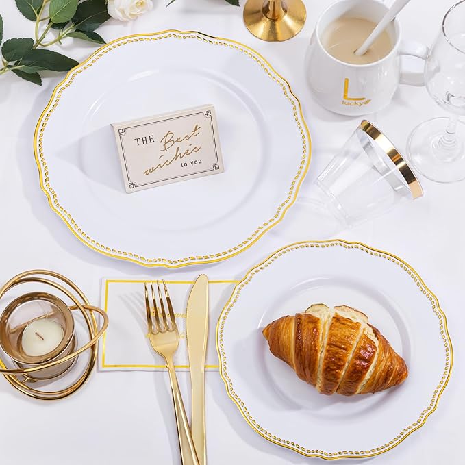 Hioasis 175pcs White and Gold Plastic Plates - Gold Plastic Dinnerware Set Includes 25 Dinner Plates, 25 Dessert Dinnerware, 25 Cups, 25 Rolled Napkin Cutlery Perfect for Wedding & Party