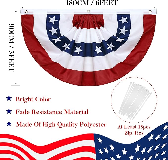 4 Pack American Pleated Fan Flag,3 X 6 FT American Bunting with Brass Grommets and Zip Ties,Patriotic Half Fan Banner Flag Decor, Memorial Day 4th of July Decoration Outdoor