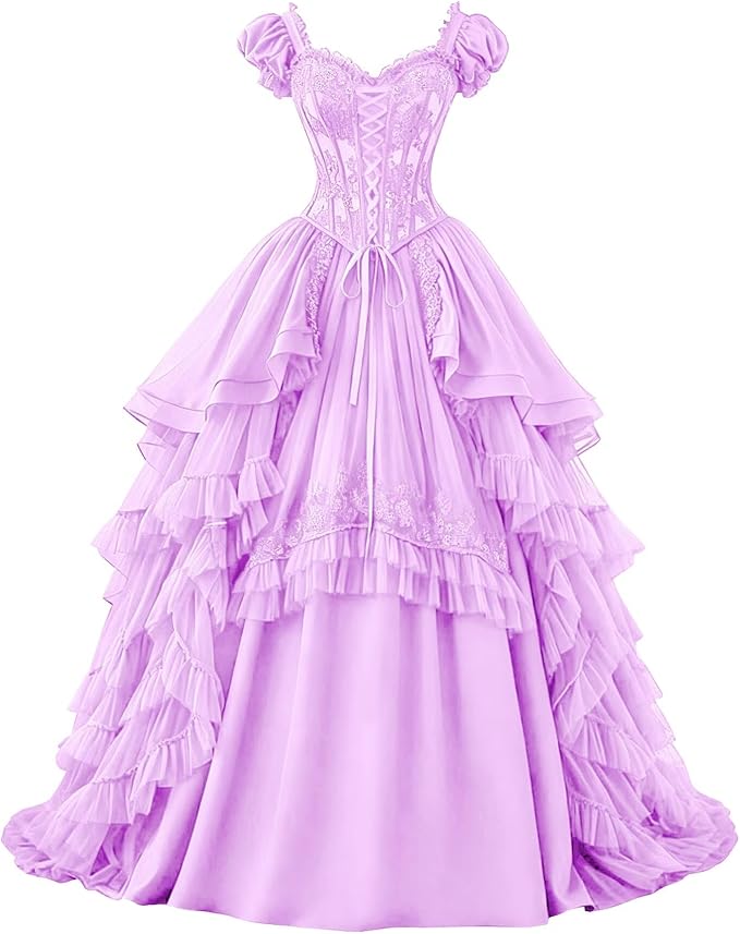 Ftupza Gothic Wedding Dresses Lace Appliques 1800s Victorian Dresses for Women Layered Tulle Prom Dress Long Ball Gown