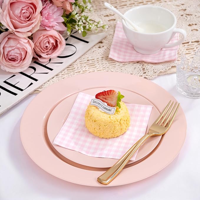 FLOWERCAT 200PCS Pink Plastic Plates Disposable Plates for Party - Heavy Duty Plastic Plates - 100 10" Pink Dinner Plates and 100 7" Pink Salad Plates for Weddings, Easter Parties,Mother's Day