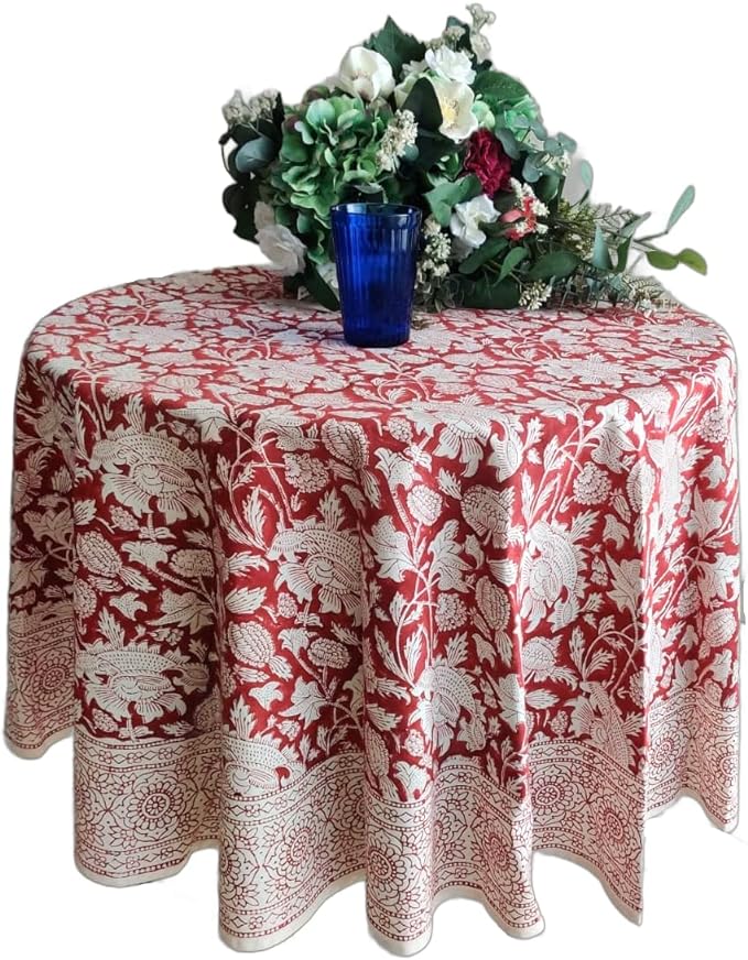 ATOSII Meraki Red 100% Cotton Round Tablecloth, Handblock Print Floral Table Cloth for Kitchen Dining Linen I Parties, Weddings, Outdoors I 60" Inches Round I 4 Seater
