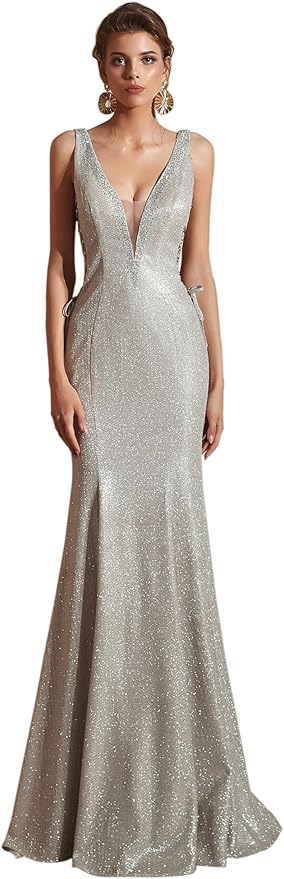 Women's Double V-Neck Sequins Lace-up Mermaid Evening Dress