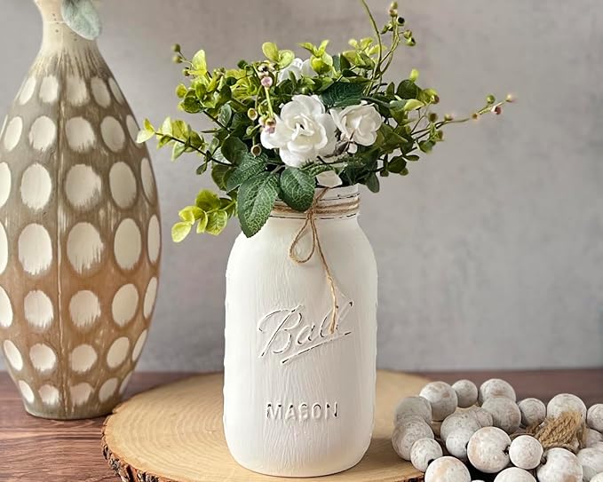 Wedding Centerpieces for Tables - White Mason Jars for Centerpieces for Table, Set of 5-32 oz Hand-Painted Mason Jars for Wedding, Baby Shower, Bridal Shower Centerpieces (5 White w/Greenery/Ivory)