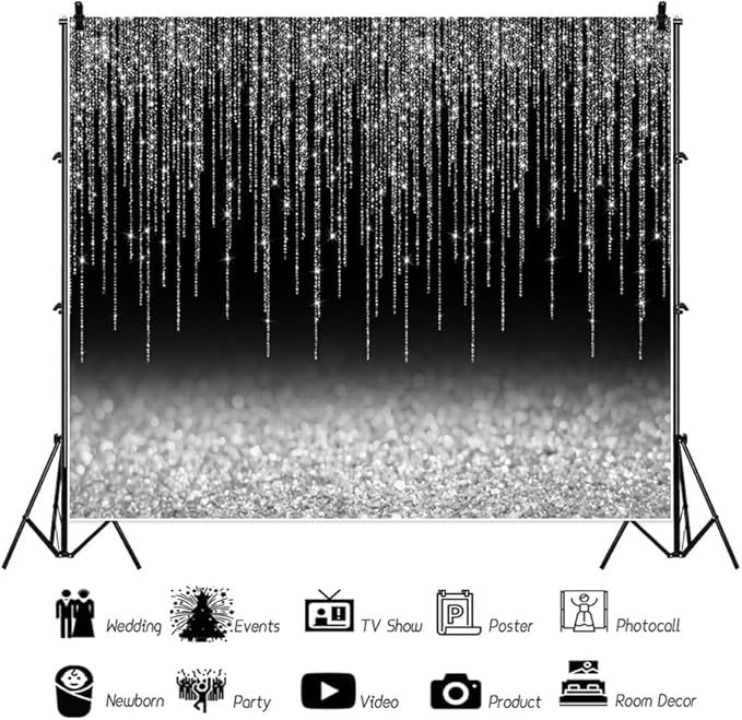 Black Silver Glitter Backdrop 12x10ft Graduation Birthday New Year Housewarming Retirement Party Background for Photography Theme Party Banner Studio Photo Booth Props