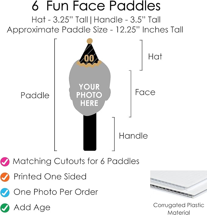 Big Dot of Happiness Custom Photo Adult Happy Birthday - Gold - Birthday Party Head Cut Out Photo Booth and Fan Props - Fun Face Cutout Paddles - Set of 6