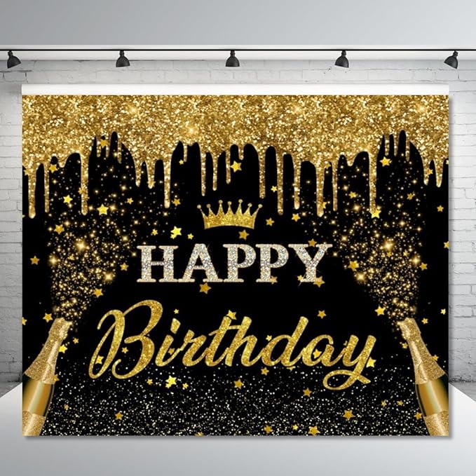 Black Gold Happy Birthday Backdrop Banner 10x8ft Glitter Black and Gold Happy Birthday Photography Background Happy Birthday Banner for Men Women Happy Birthday Party Backdrop