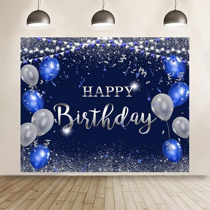 ChloropLastid Navy Blue and Silver Happy Birthday Backdrop 10x8ft for Women Men Girls Boys Birthday Party Decorations Banner Photography Background Happy Birthday Banner Decor Supplies