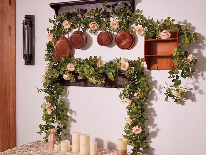 PARTY JOY 2pcs 6.56ft Eucalyptus Garland with Flowers-8 Pink Roses-Lush,Natural Looking, Floral Garland Greenery for Party Wedding Table Indoor Outdoor Backdrop Wall Decor（Pink）