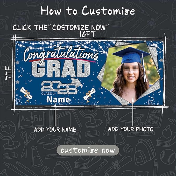 Custom Garaduation Garage Door Banner Cover 16 x 7 ft Class of 2026 Congrats Grad Party Backdrop Personalized Graduation Decoration(Blue and Silver)