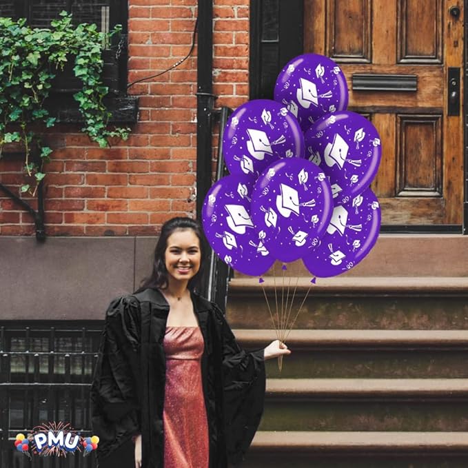 PMU 100 Pcs Purple Graduation Balloons Class of 2025 with All-Over Print White Grad Caps-Confetti and Streamers | Graduation Party Supplies | Congratulations Grad Latex Balloons Latex