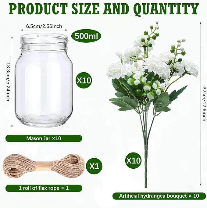XunYee 10 Set Mason Jar Table Centerpiece with Flower Mason Jar Flower Centerpiece Vases Decor for Engagement Party Bridal Shower Centerpieces Wedding Reception Table Decor(Hydrangea)