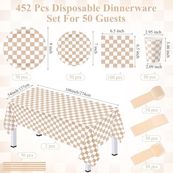 452 Pcs Beige and Brown Gingham Party Supplies for 50, Beige Checkered Plaid Paper Plates Napkins Cups Tablecloth Cutlery Straws for Picnic Camping Birthday Baby Shower Decoration