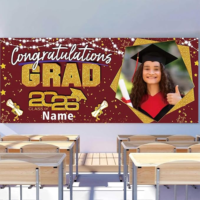 Custom Garaduation Garage Door Banner Cover 16 x 7 ft Class of 2026 Congrats Grad Party Backdrop Personalized Graduation Decoration(Maroon and Gold)