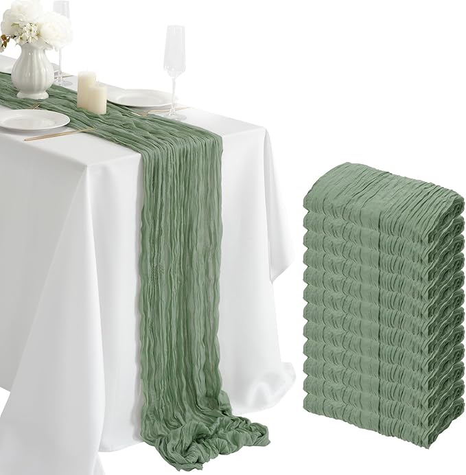 combocube 12 Pack 35x120 Inch 10Ft Cheesecloth Long Table Runner Gauze Rustic Romantic Table Cloth for Wedding Reception Bridal Shower Holiday Birthday Party Table Decorations, Sage Green