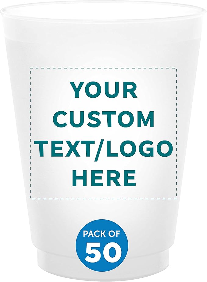 DISCOUNT PROMOS Custom Frosted Plastic Stadium Cups, 50 pack, Promotional Text, Logo, 16 oz. Shatterproof Flexible Reusable Party Cups, Pearl White