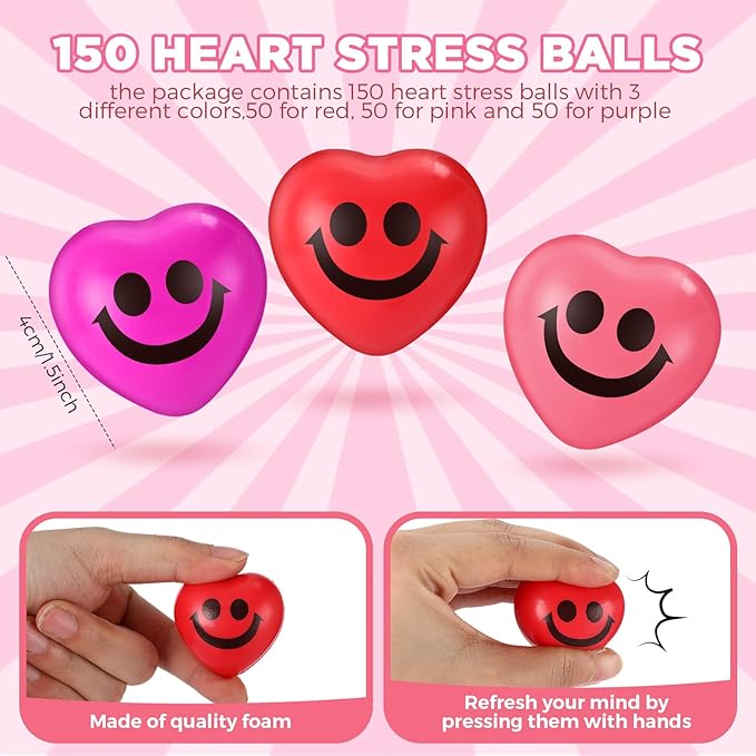 150 Valentines Day Heart Stress Balls 1.5 Inch Smile Face Motivational Stress Balls Quotes Anxiety Relief Toys Party Favors Adults Valentine's Day