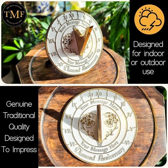 The Metal Foundry Personalized Diamond 60th Large Sundial - Recycled Brass Home Decor Or Garden Present Idea Made in The UK for Parents, Grandparents, Friends, Couples 60 Yr Marriage