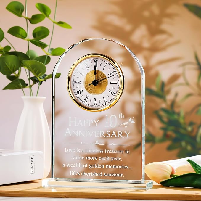 YWHL 10 Year Anniversary Clock Gifts for Her, 10th Wedding Anniversary Glass Keepsake Gift for Couple (Battery not Included