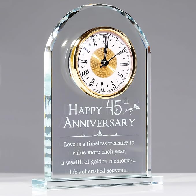 YWHL 45th Wedding Anniversary Quartz Clock Gift for Parents, 45 Year Anniversary Romantic Gifts for Couples, Happy 45th Anniversary Glass Keepsakes Decorations (Battery not Included)