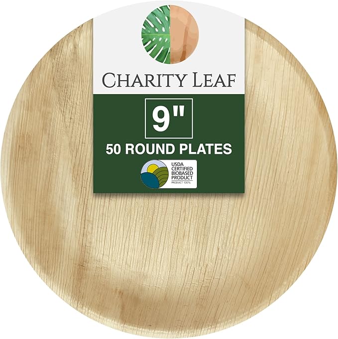 Charity Leaf Disposable Palm Leaf 9" Round Plates (50 pieces) Bamboo Like Serving Platters, Disposable Boards, Eco-Friendly Dinnerware For Weddings, Catering, Events