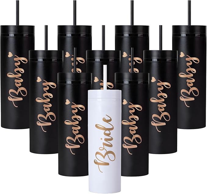 10 Pack Bride to Be Skinny Tumbler | 16 oz Bride & Baby Tumblers | Bachelorette Party Cups | Engagement Wedding Gifts Bridesmaids Mugs Bachelorette Party Supplies & Games(Black)