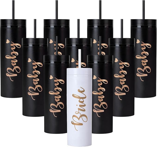 10 Pack Bride to Be Skinny Tumbler | 16 oz Bride & Baby Tumblers | Bachelorette Party Cups | Engagement Wedding Gifts Bridesmaids Mugs Bachelorette Party Supplies & Games(Black)