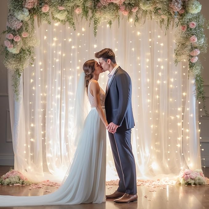 30x10ft White Tulle Backdrop Curtain with Lights String for Parites, Sheer Photo Backdrop Curtains with Lights for Wedding Backdrop Ceremony Reception Bridal Shower Baby Shower Birthday Party