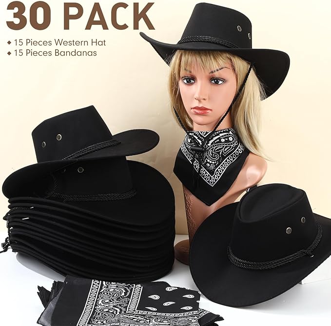 Coume 30 Pieces Western Cowboy Hat Costume Accessories Paisley Bandanna Set Cowgirl Hats Bulk for Adult Women Men Dress Party