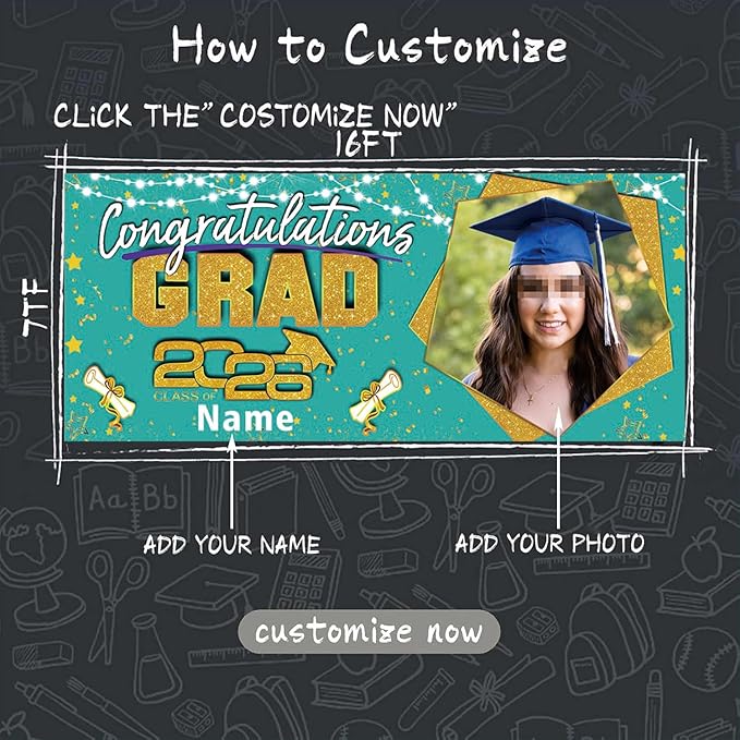 Custom Garaduation Garage Door Banner Cover 16 x 7 ft Class of 2026 Congrats Grad Party Backdrop Personalized Graduation Decoration(Peacock Blue and Gold)