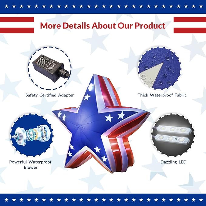 Patriotic Inflatable 5.4FT USA Star 4th of July Inflatable Yard Decorations Outdoor Holiday LED Blow up Decor for American Decorations Advertising Business Promotion