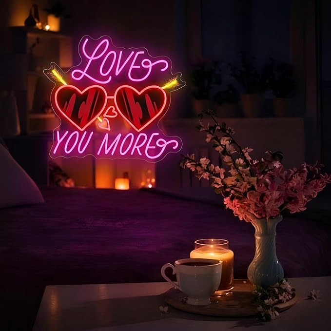 Love You More Neon Sign for Wall Decor, Playful Heart LED Neon Light with Sparkle Detail for Date Night Bedroom Party Decor, Romantic Neon Wall Art for Valentine’s Day Couple Decor 15"x13"