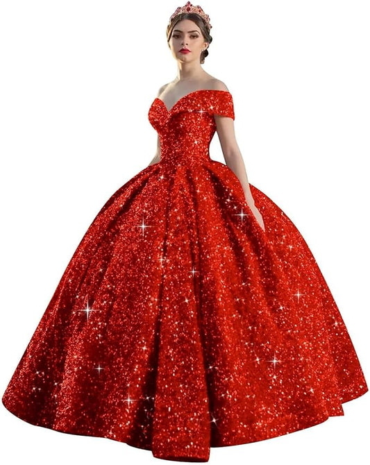 Quinceanera Dress Long Ball Gown Sparkly Sequin Off Shoulder V Neck Prom Dresses
