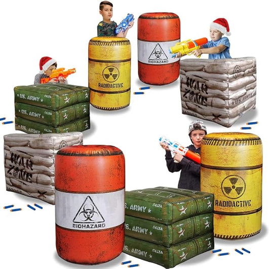 Package 8 Combat Battlefield Inflatables, Compatible Laser tag, Water Gun for Boys Birthday Party Activities and Decoration. Premiume Pack Include Water chember and Repair kit.