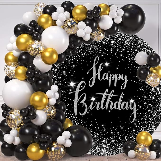 7.2ft Happy Birthday Round Backdrop Cover Black and Silver Birthday Circle Photography Background Glittering Stars Diamonds for Women Man Boys Girls Baby Birthday Party Decoration Photo Props
