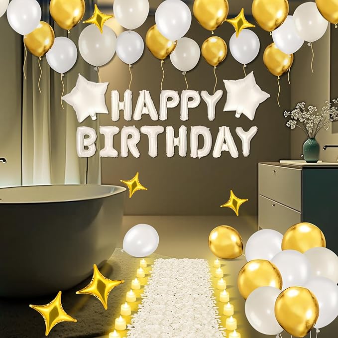 White Gold Happy Birthday Balloons Decorations Cream White Gold Birthday Balloon Letters Banner with 6 Pcs Star Balloons White Artificial Rose Petal 24 Flameless LED Candles for Room Hotel Party Decor