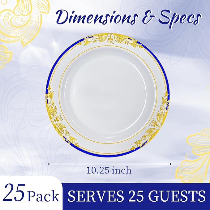 MENDENG Disposable Plastic Plates for Party, 25Pcs 10.25Inch Elegant Fancy Plastic Wedding Plates Disposable, Heavy Duty Party Dinner Plates for Dessert Appetizer