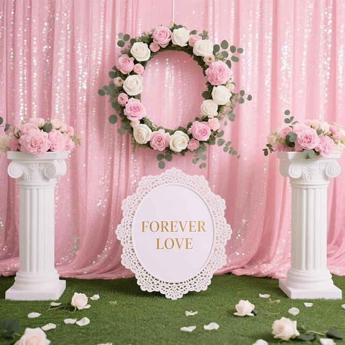 Pink Sequin Backdrop Curtain - 4PCS (2FTx8FT) Glitter Photo Background for Wedding, Christmas, Party, Baby Shower & Stage Decorations (Pink, 2x8ft 4 Panels)