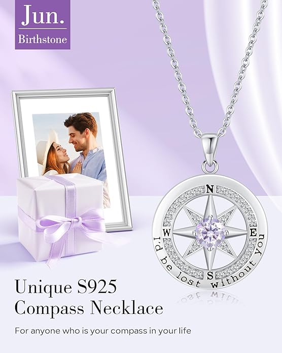 S925 Necklace Gift for Wife |Compass Jewelry |Women Anniversary |Sterling Silver |Girlfriend Birthday Gifts for Her Valentines |I'd be Lost without You |Jewel 18K Gold