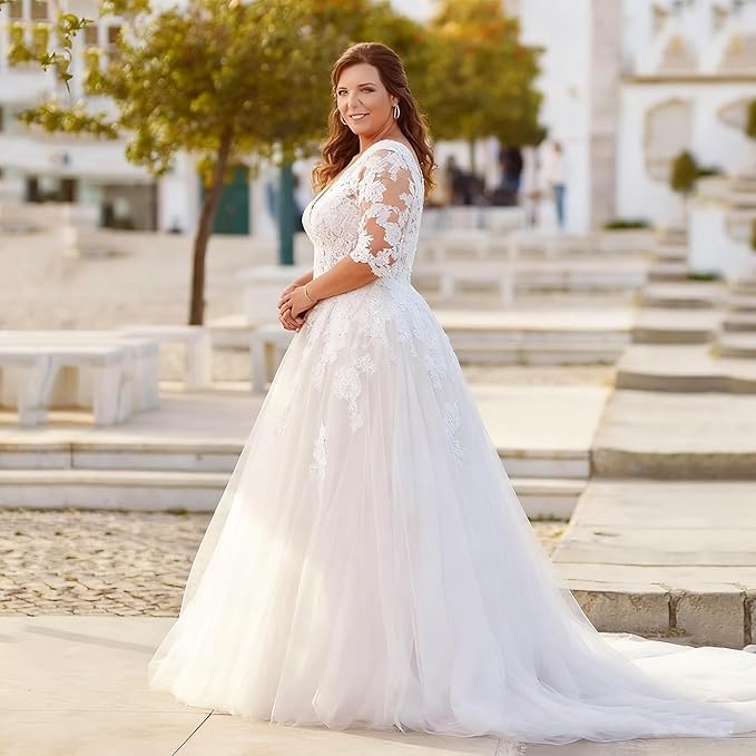 Plus Size Wedding Dresses for Bride Long Sleeve Wedding Bridal Gowns with Lace Appliques Off Shoulder Bride Dress