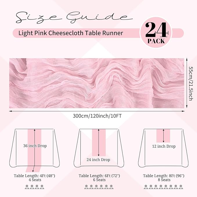 24 Pack Light Pink Cheesecloth Table Runner 120 inch Fall Thanksgiving Boho Rustic Gauze Farmhouse 10FT Cheese Cloth Runner for Baby Shower Wedding Party Holiday Home Decor