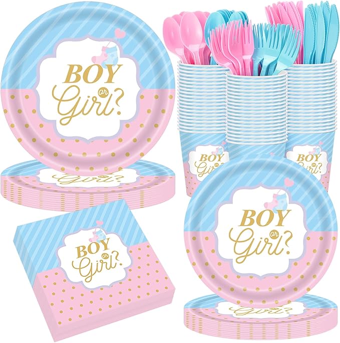 Pickmesh 400 Pcs Gender Reveal Party Supplies Include Boy or Girl Disposable Paper Plates Napkins Cups Cutlery Blue and Pink Gender Reveal Tableware Set for Baby Shower Party Decorations Serve 50