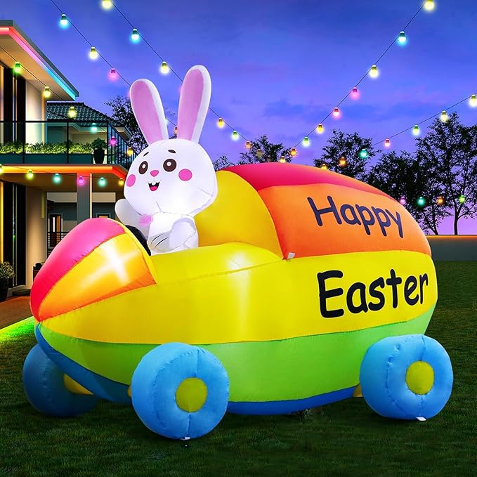 2025 New Huge Easter Inflatable Bunny Driving Car Outdoor Decorations, Build-in LED Lights Holiday Blow Up Yard Decoration, for Easter Holiday Party, Outdoor,Garden, Yard Lawn Décor