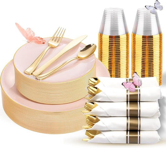 KIRE 175PCS Pink Plates Disposable - Heavy Duty Pink and Gold Plastic Plates Dinnerware Sets - 25 for Dinner 25 for Dessert 25 Pre Rolled Napkins 25Cups for Party/Wedding/Valentine's Day/Baby Shower