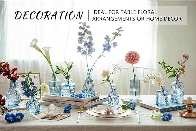 16pcs Glass Bud Vase Set, Small Blue Flower Vases for Centerpieces in Bulk, Mini Vintage Vase for Wedding, Home Decor, Table Decoration