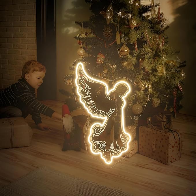 Kneeling Angels Neon Sign, Elegant Angel LED Neon Light Sign for Christmas Tree Decoration Dimmable USB Powered, Holy Glow Light Up Sign for Wall Home Holiday Church Décor & Customizable Gift