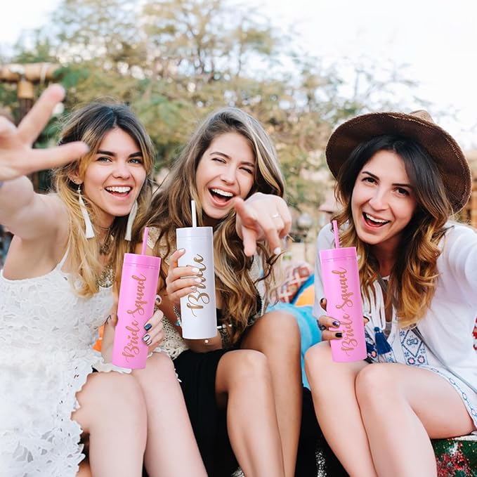 6 Pack Bride to Be Skinny Tumbler | 16 oz Bride & Squad Tumblers | Bachelorette Party Cups | Engagement Wedding Gifts & Games (Pink)