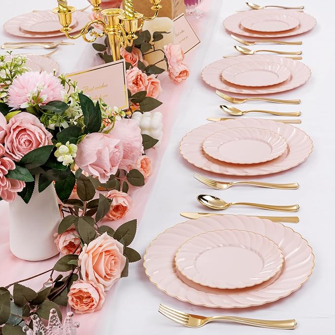 YOUBET 125Pcs Pink Plastic Plates with Gold Rim - Scalloped Plastic Plates Set Includes 25 Dinner, 25 Dessert Plate, 75 Gold Silverware for 25Geusts for Wedding Birthday Parties Baby Shower Valentines