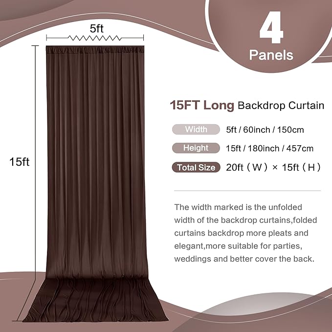 20ft x 15ft Brown Wrinkle Free Backdrop Curtains for Parties,Silky Polyester Fabric Wedding Ceiling Drapes, 4 Panels 15ft Photo Back Drop Drapes for Baby Shower Photography Stage Background Cloth