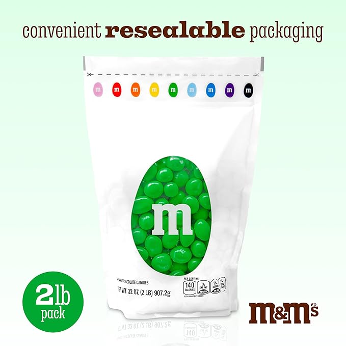 M&M’S WORLD Peanut Green Chocolate Candy 2lb Resealable Pack for St. Patrick's Day Candy Buffet Birthday Parties Candy Bar and Edible Decoration